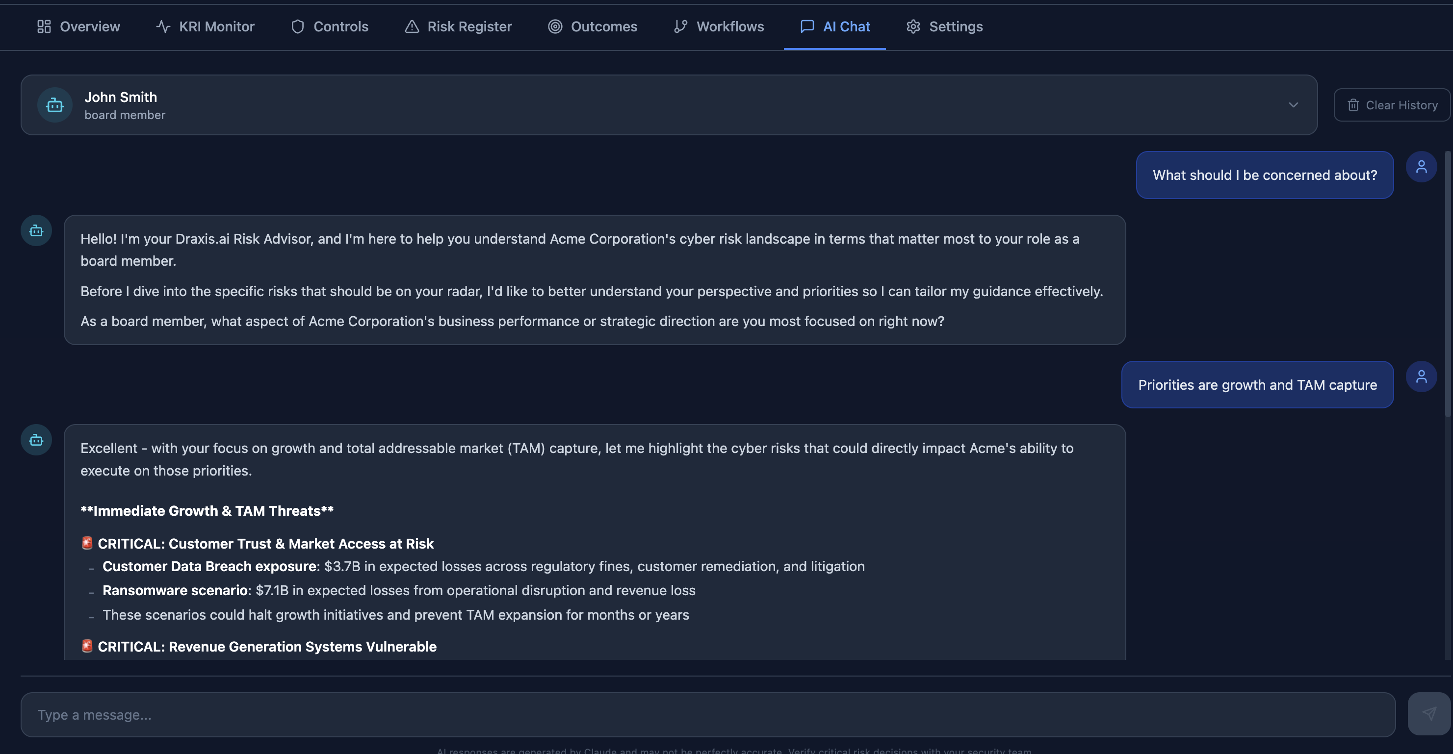 Draxis.ai AI vCISO chatting with a board member, delivering personalized cyber risk briefing on growth and TAM threats