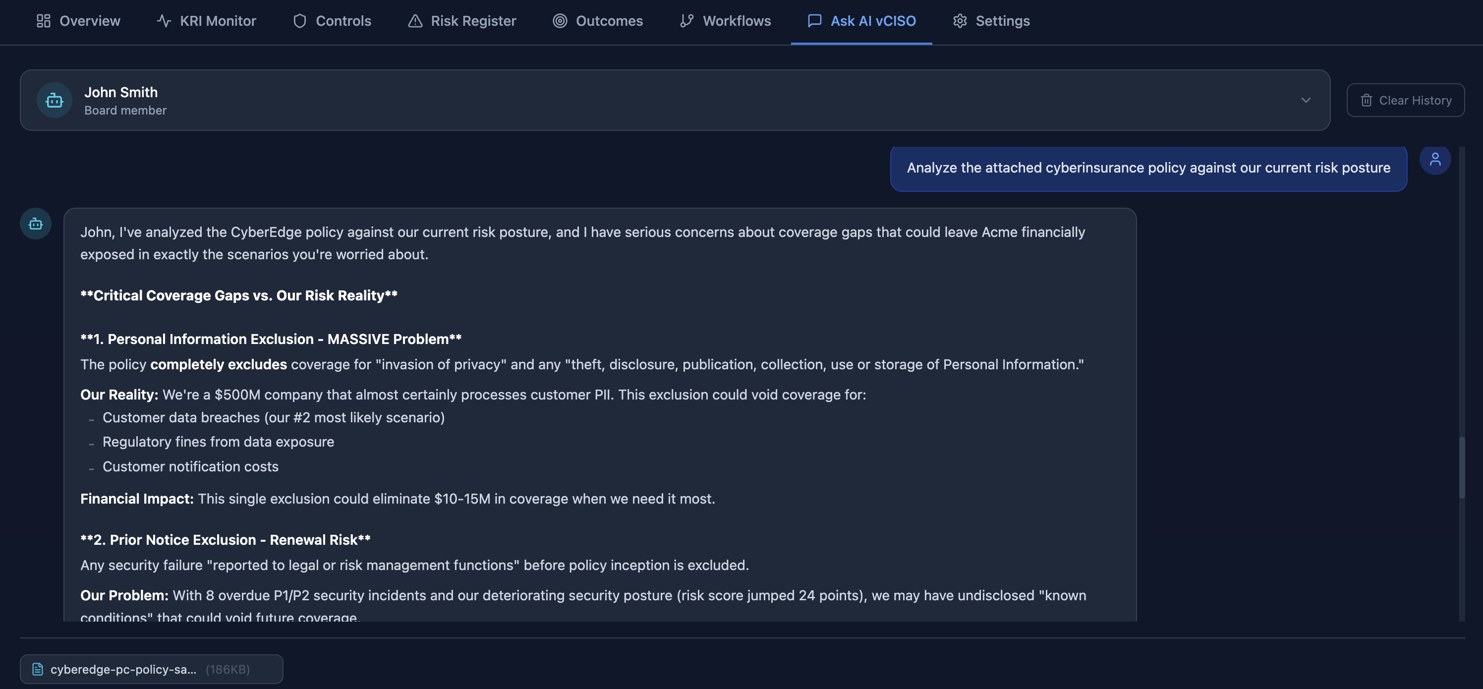Draxis.ai AI vCISO analyzing a CyberEdge cyber insurance policy, identifying critical coverage gaps including personal information exclusions and prior notice exclusion renewal risks against the organization's real risk profile