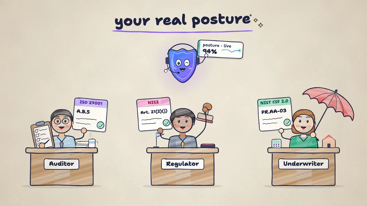 Illustrated frame: the Advisor shows live posture to an auditor holding ISO 27001, a regulator holding NIS2, and an underwriter holding NIST CSF 2.0