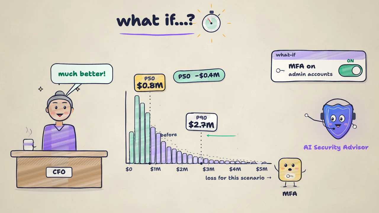 Illustrated frame: a what-if toggle turns on MFA for admin accounts and the loss distribution shifts, with the P50 falling to $0.8M