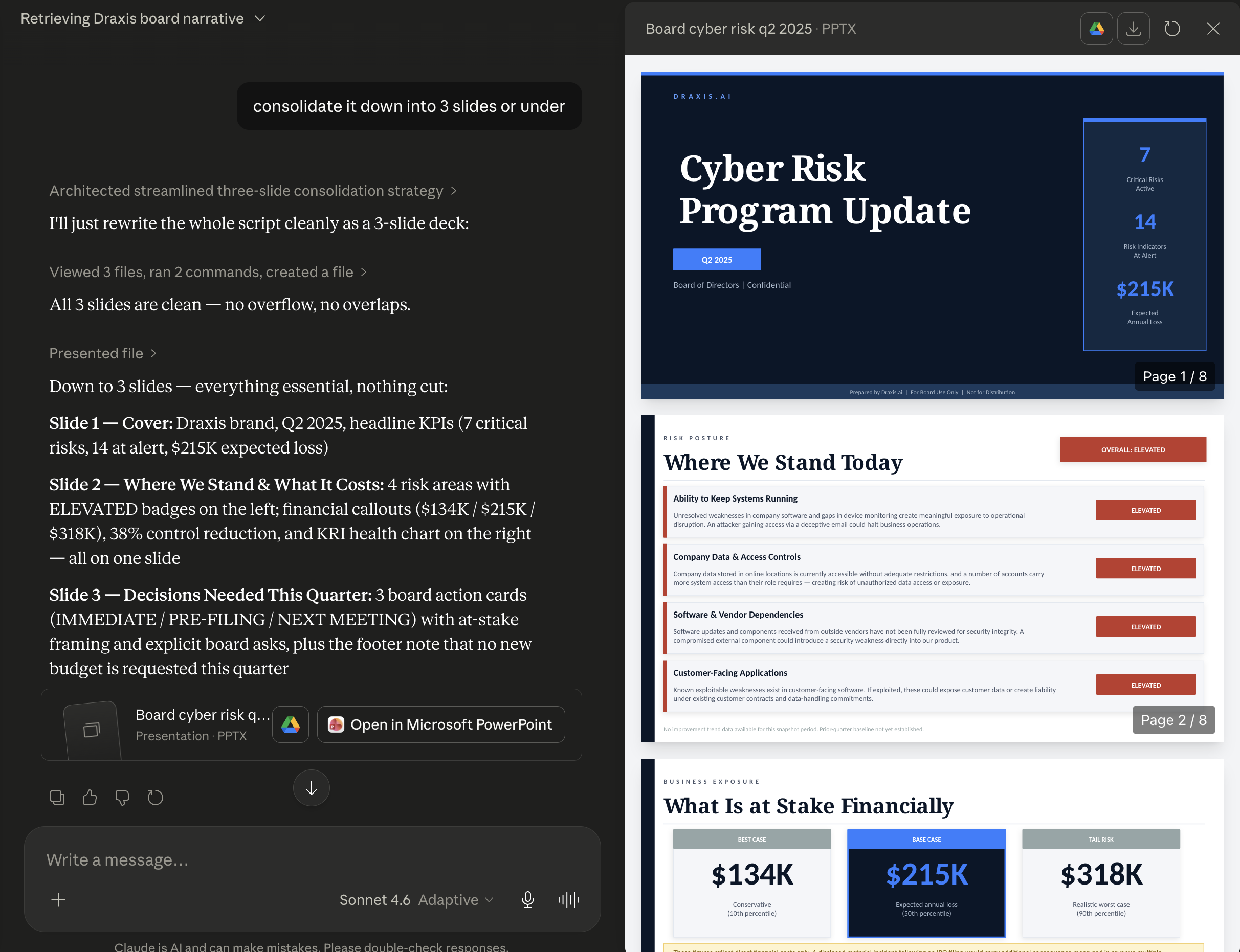 An LLM client generating a cyber risk board deck in PowerPoint from live Draxis posture
