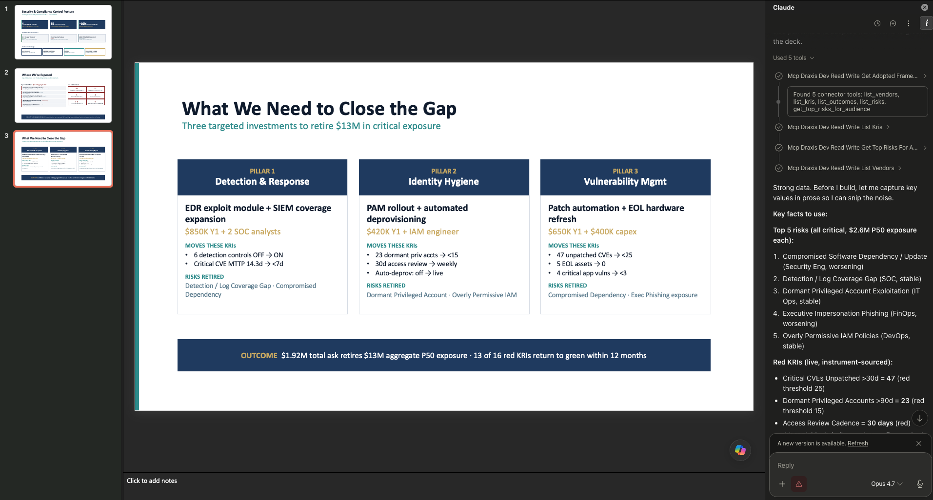 A generated board-deck slide showing a remediation roadmap to close the gap
