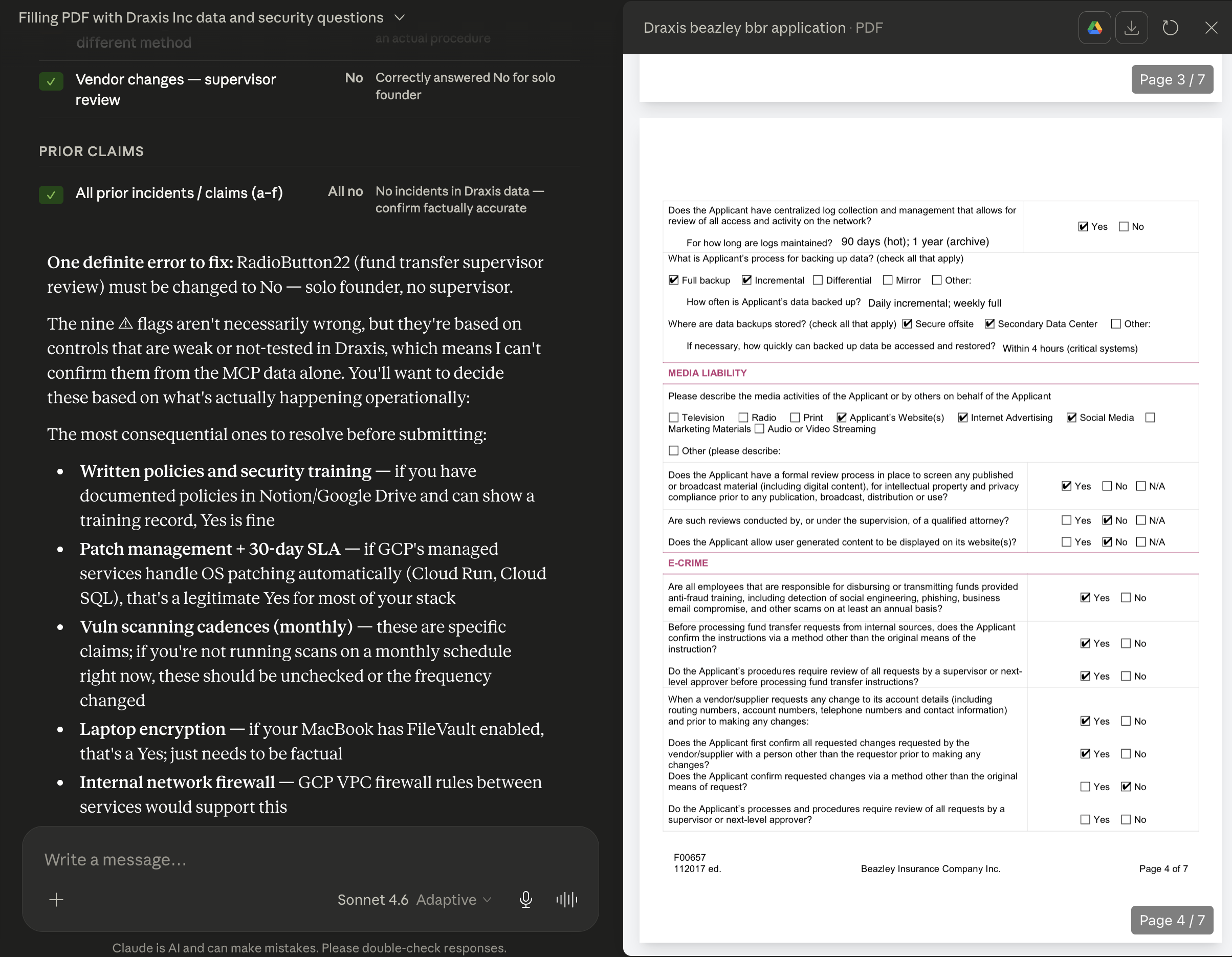 An LLM client filling a cyber insurance application PDF using live Draxis evidence