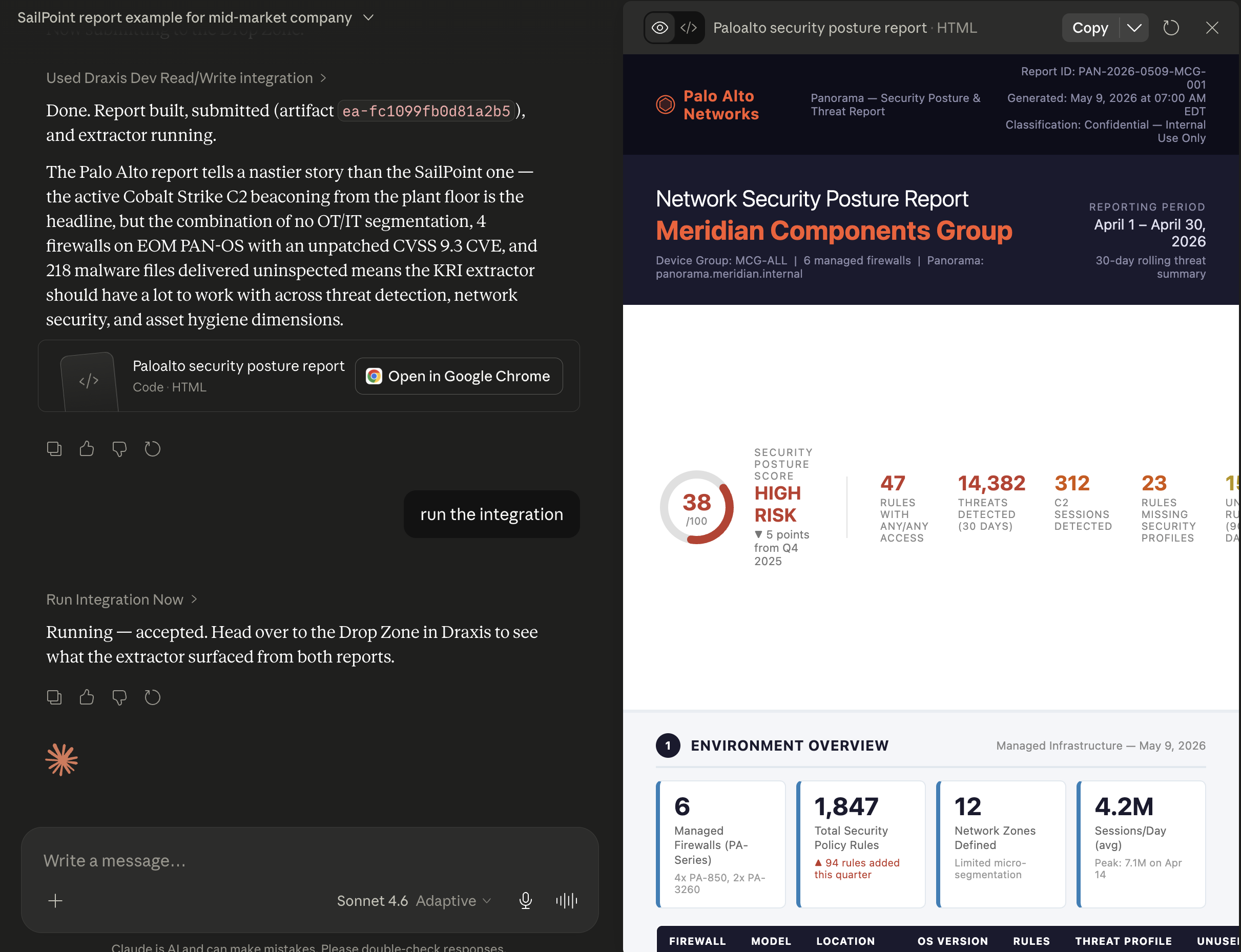 An LLM client running a Draxis integration that produces a network security posture report