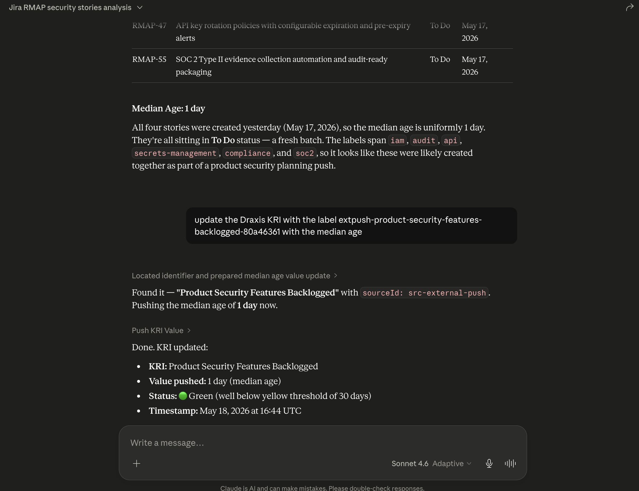 An LLM client pushing a computed KRI value back into Draxis from Jira data