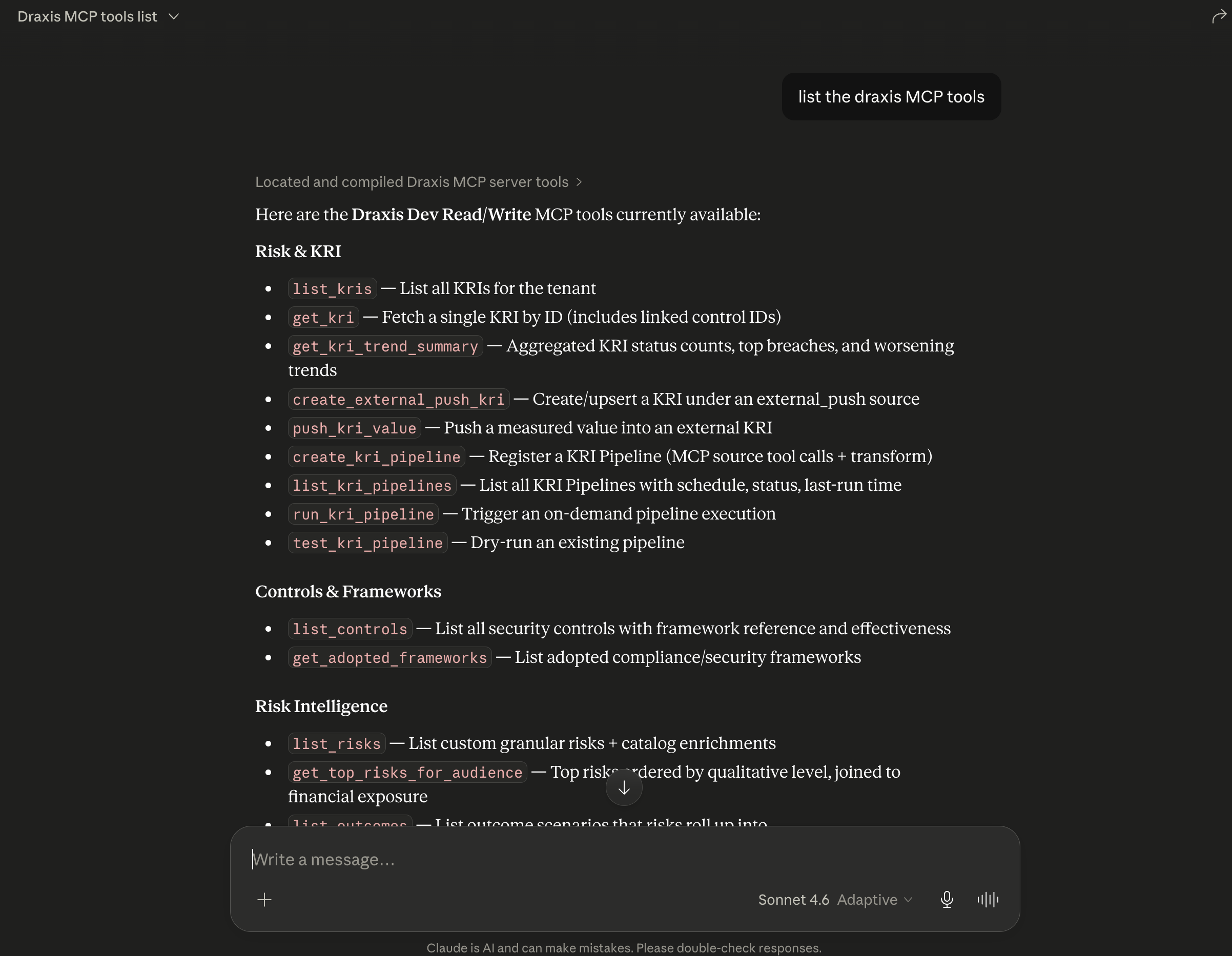 An LLM client listing the available Draxis MCP server tools