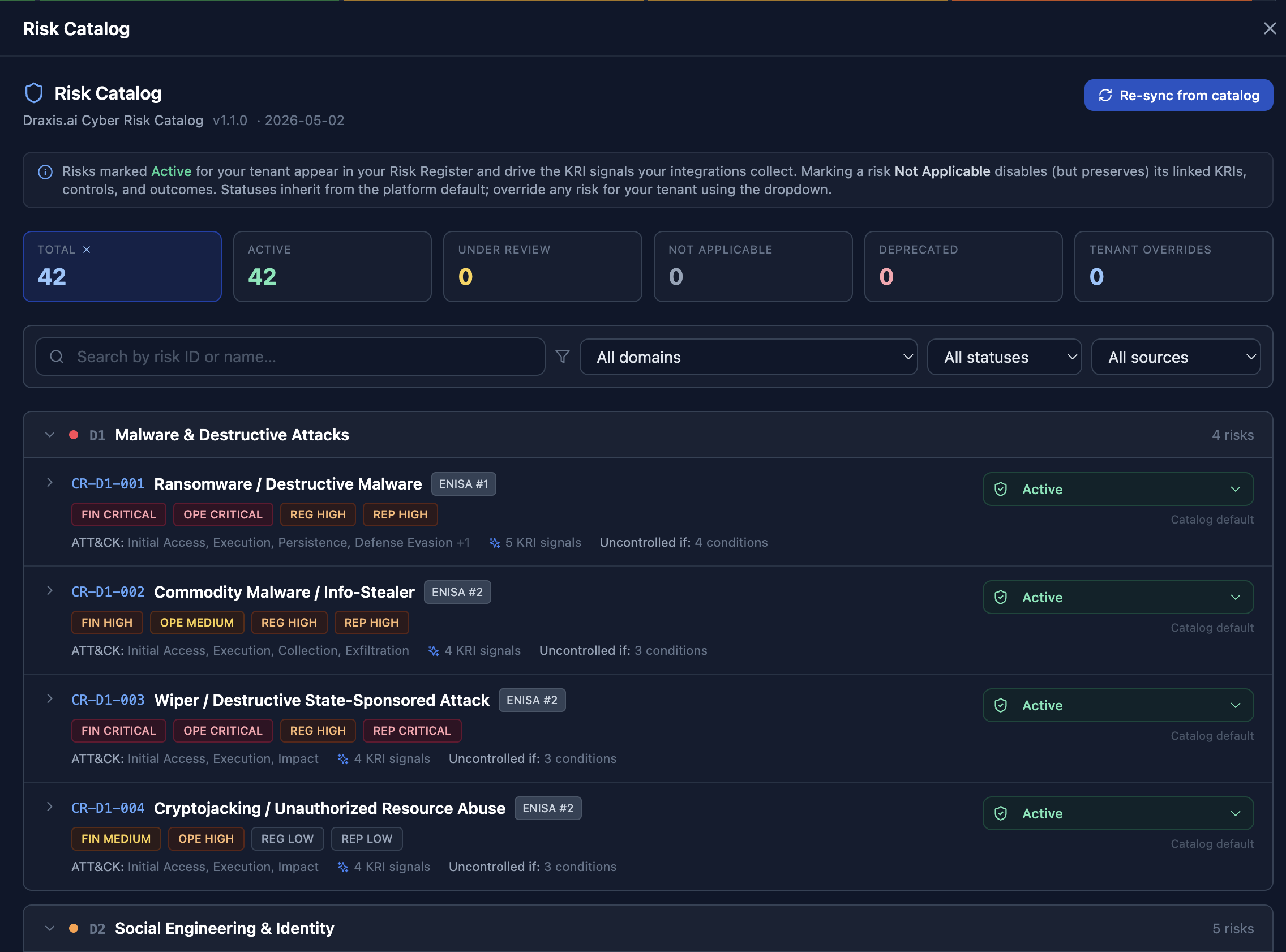 Cyber risk catalog with severity tags and ATT&CK mappings