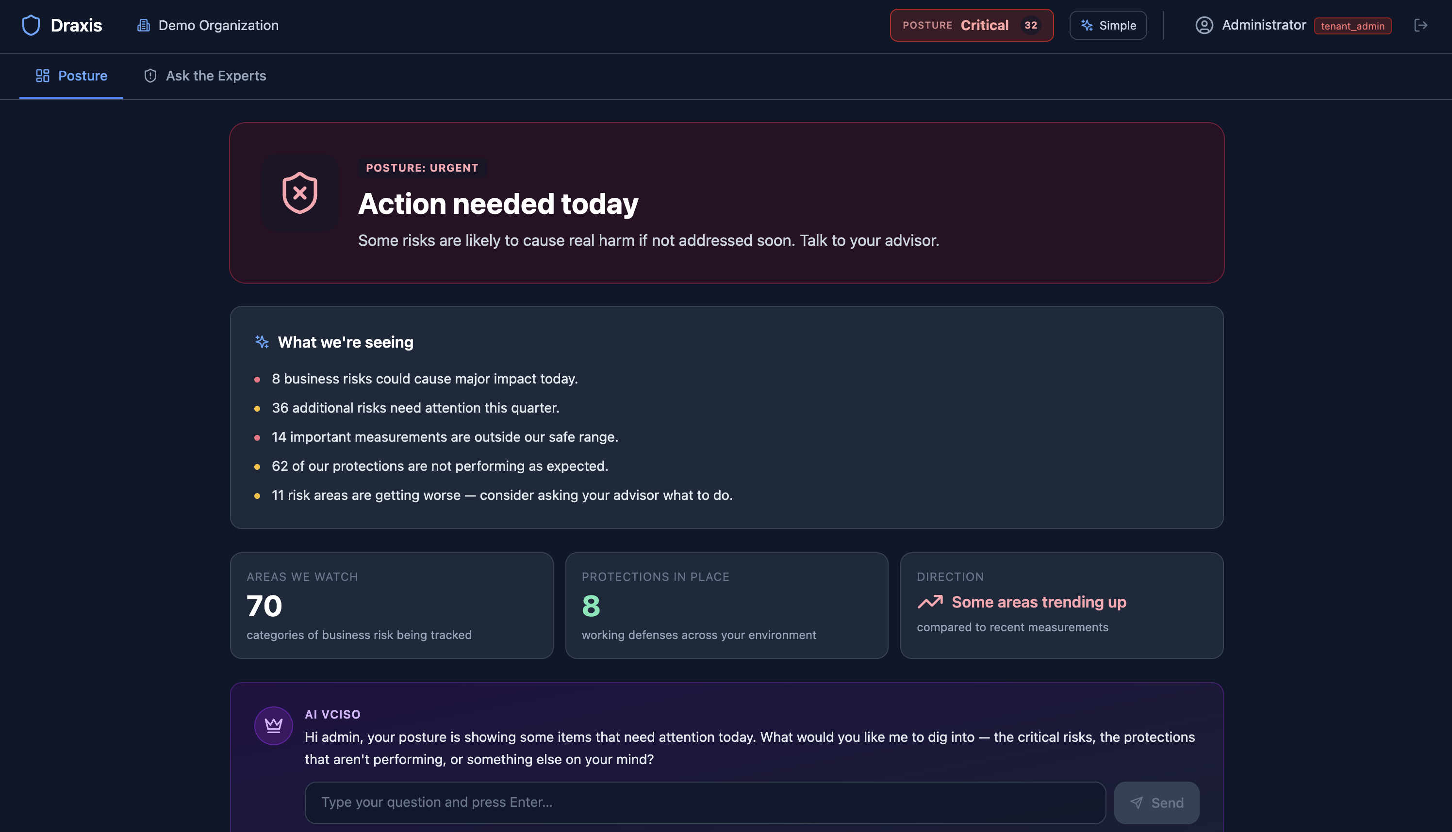 Simple mode showing a plain-language posture screen with an action-needed banner, a what-we-are-seeing summary, and an Ask vCISO panel