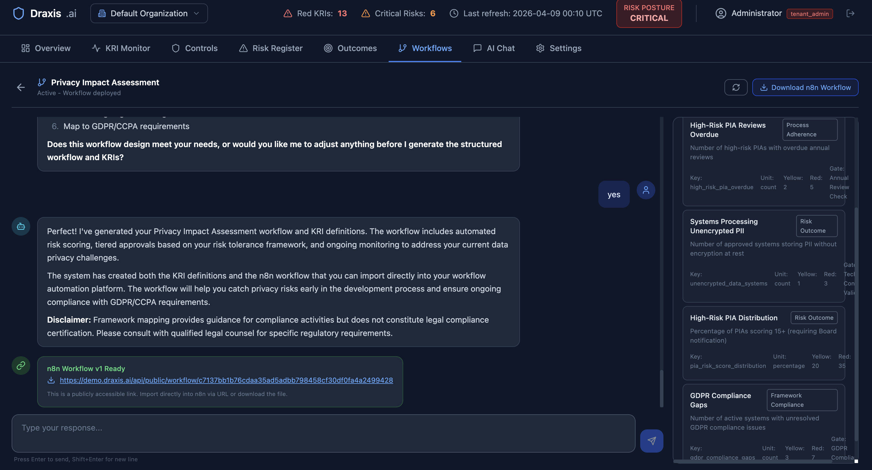 Draxis.ai AI-powered workflows tab showing automated Privacy Impact Assessment generation with n8n integration
